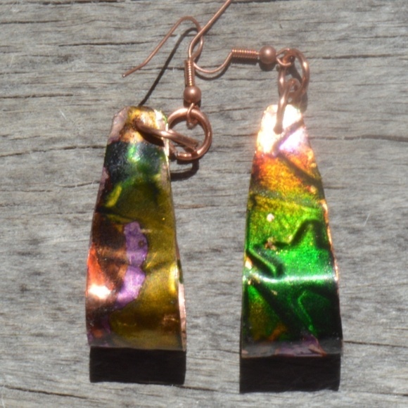 Green Yellow Pure Copper Hoops Embossed Earrings Stars Handmade Psychedelic - Picture 5 of 5